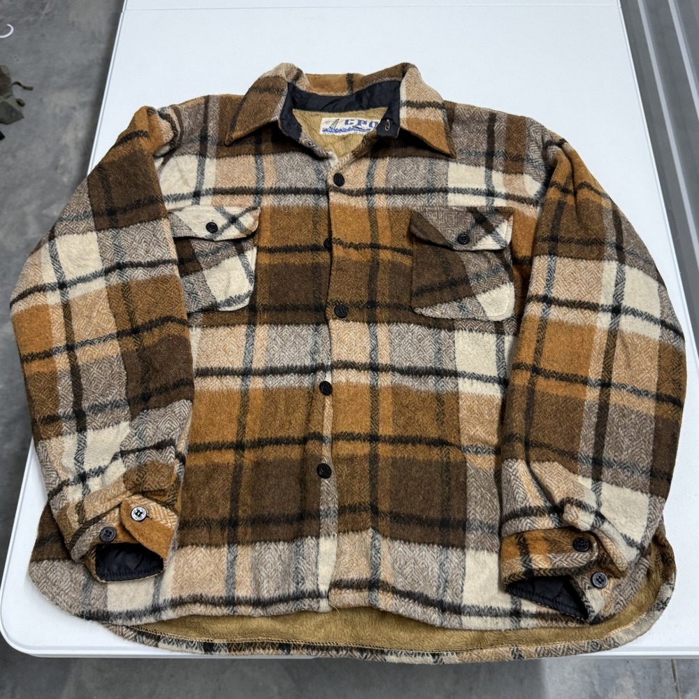 CPO Plaid Shirt Jacket Mens L Brown Excellent Pile Lined Wool Blend Vintage